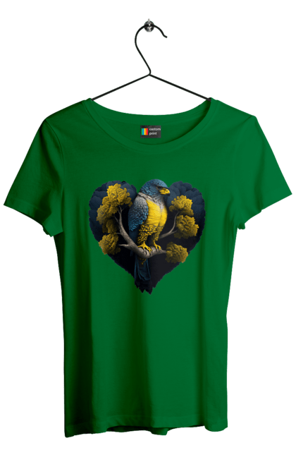 Women`s t-shirt with prints Blue and yellow falcon. Falcon, flag of ukraine, heart, symbol of ukraine, tree, ukraine. 2070702