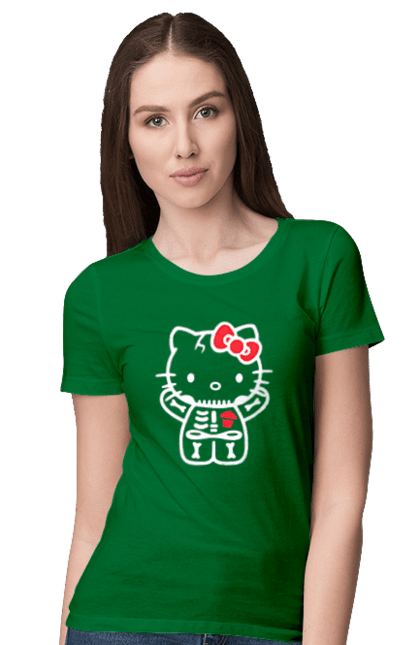 Women's t-shirt with prints Hello Kitty Halloween. Brand, character, halloween, hello kitty, kitten, kitty, skeleton, zombie. 2070702