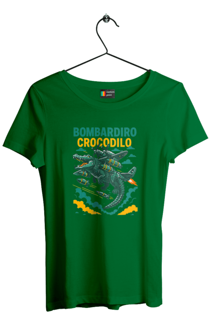 Футболка жіноча з принтом "Bombardino Crocodilo". Bombardino, bombardino crocodilo, crocodilo, бомбардіно крокоділо, крокодил, крокодил літак, крокодил мем, мем, мем бомбардине крокодило. 2070702