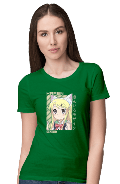 Футболка жіноча з принтом "Золота мозаїка Карен Куджо". Anime, karen kujo, kiniro mosaic, kinmoza, manga, аніме, золота мозаїка, карен, карен куджо, манга. 2070702