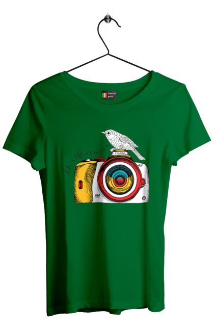 Women`s t-shirt with prints Camera And Bird. Birdie, camera, photographer. 2070702