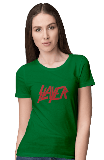 Футболка женская с принтом Slayer. Slayer, грув-метал, група, метал група, музыка, ню-метал, спид-метал, трэш-метал, череп. 2070702