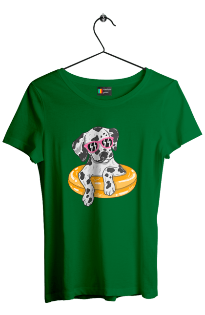 Футболка жіноча з принтом "Далматинець Плаває У Колі". Далматинець, окуляри, плавати, собака. 2070702