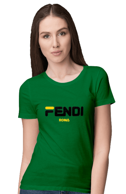 Футболка женская с принтом Fendi. Fendi, lvmh, бренд, дом моды, италия, люкс, мода, одежда, сумка, фенди. 2070702