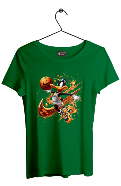 Women's t-shirt with prints Daffy Duck Nike. Cartoon, character, daffy duck, duck, looney tunes, merrie melodies, nike, warner brothers. 2070702