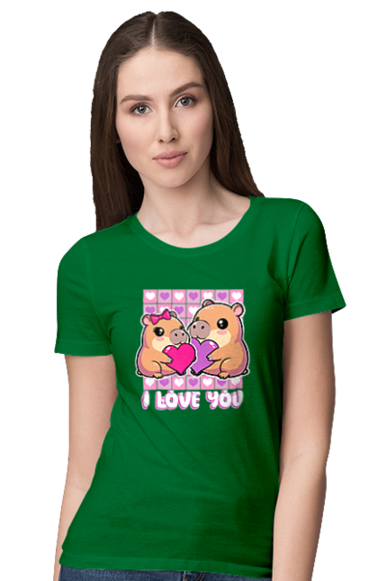 Women`s t-shirt with prints Capybara in love. Capybara, cute animals, hearts, i love you, love, romance, romantic gift, valentine, valentine`s day. 2070702