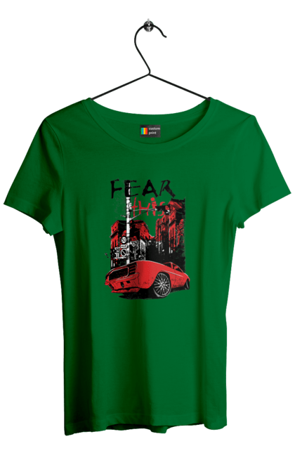 Women`s t-shirt with prints Red Car In The City. Riding, town. 2070702