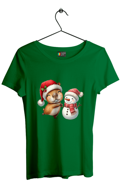 Women's t-shirt with prints Capybara and Snowman. Animal, capybara, christmas, christmas capybara, gift, holiday, new year, new year`s gift, santa, snowman. 2070702