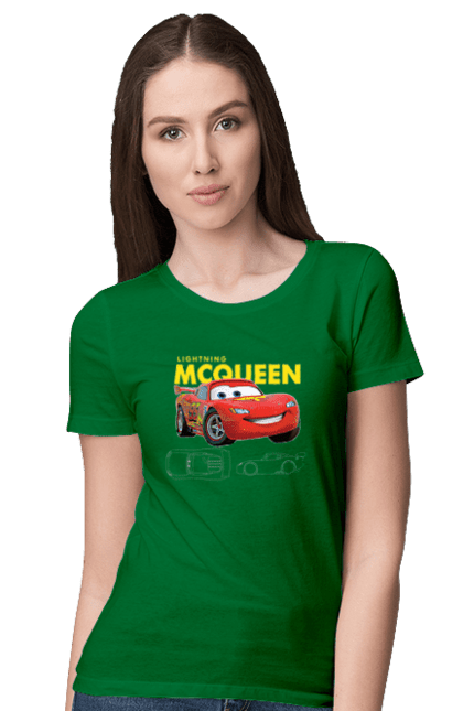 Women's t-shirt with prints Lightning McQueen. Cartoon, cartoon, lightning mcqueen, race, sport, wheelbarrows. 2070702