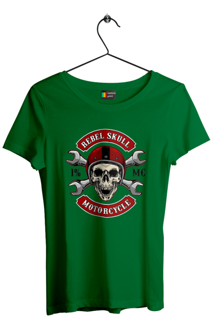 Women`s t-shirt with prints skull motorist. Amateur, helmet, motorcycle, skull. 2070702