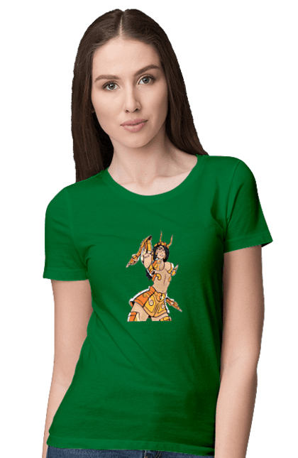 Women's t-shirt with prints Scorpio girl. Armor, glasses, gold, scorpion, young woman. 2070702