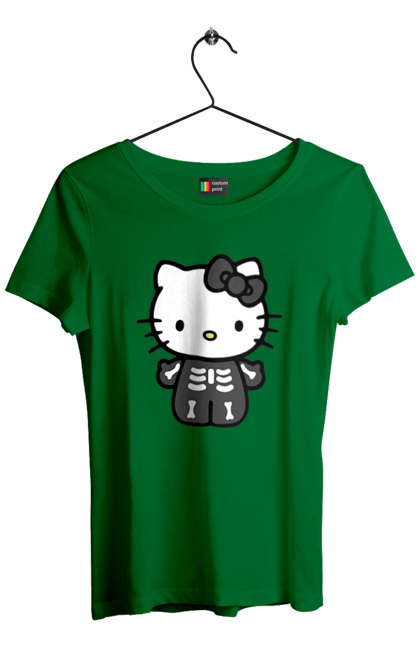 Футболка женская с принтом Хелло Китти Хэллоуин. Halloween, hello kitty, zombie, бренд, зомби, котенок, персонаж, скелет, хелло китти, хэллоуин. 2070702