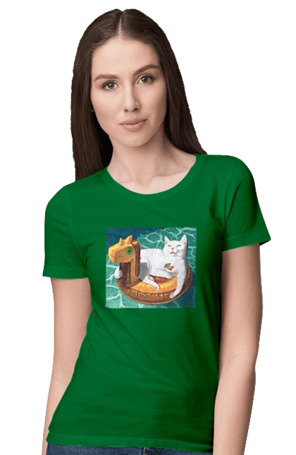 White cat in a swimming circle on vacation