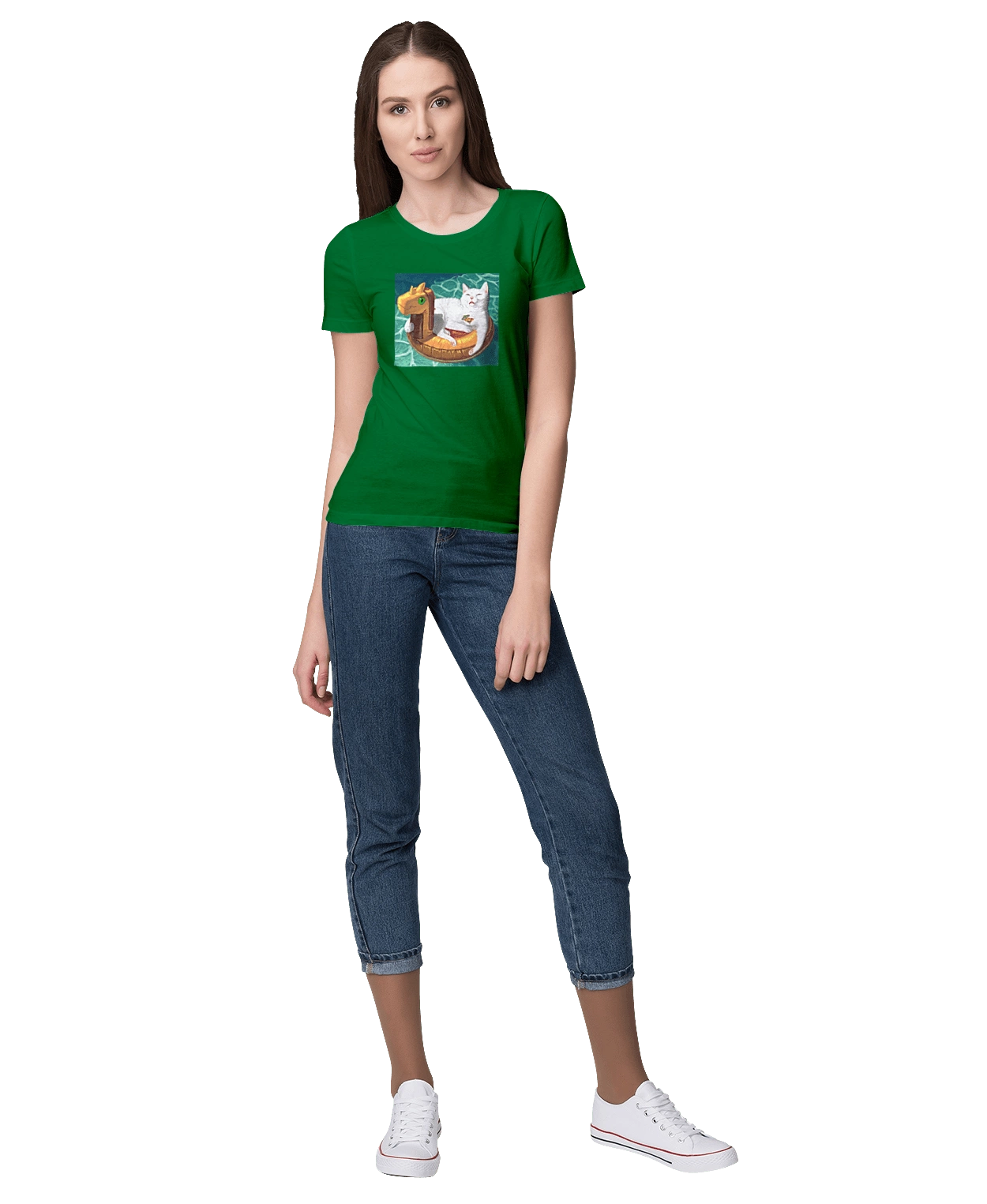 White cat in a swimming circle on vacation