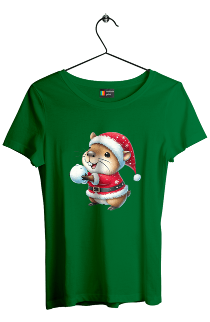 Women's t-shirt with prints Capybara playing snowballs. Animal, capybara, christmas, christmas capybara, game, gift, holiday, new year, santa, snowballs. 2070702