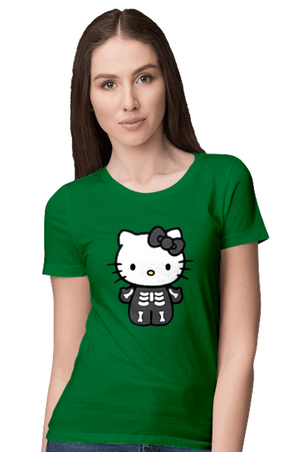 Футболка женская с принтом Хелло Китти Хэллоуин. Halloween, hello kitty, zombie, бренд, зомби, котенок, персонаж, скелет, хелло китти, хэллоуин. 2070702