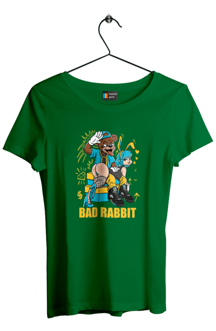 Women`s t-shirt with prints Bad rabbit. Bad bunny, bdsm, bear, cool, funny, rabbit, young woman. 2070702