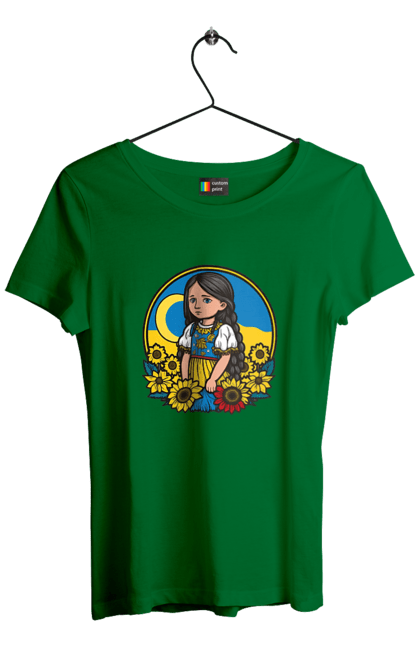 Футболка жіноча з принтом "Мила Українська дівчинка". Блакитний, жовтий, жовто-блакитний, зроблено в україні, патріот, патріоти україни, підтримую україну, прапор україни, україна, українська дівчинка. 2070702