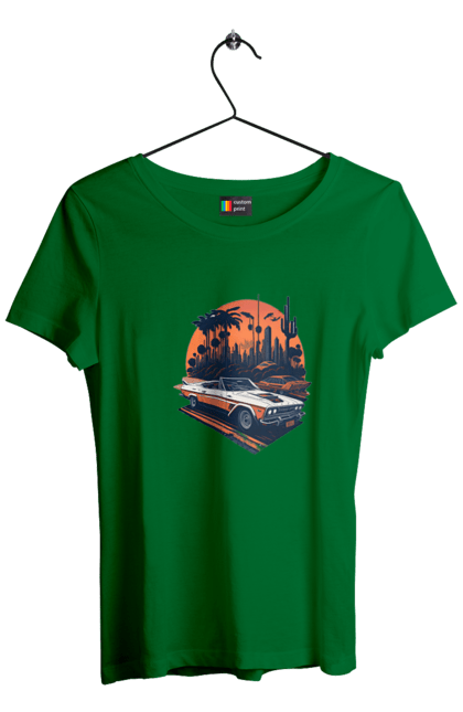 Women`s t-shirt with prints Beautiful car at sunset. Auto, sun, sunset. 2070702