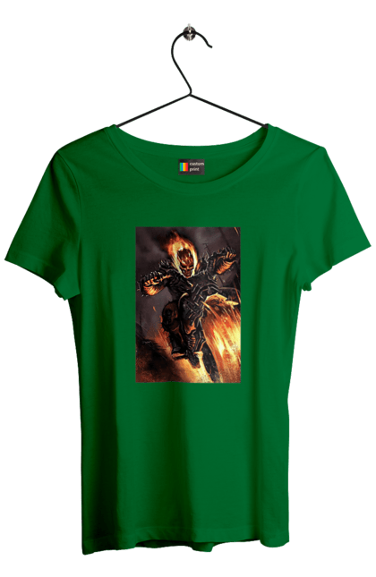 Футболка жіноча з принтом "Пекельний Гонщик". Вогонь, мотоцикл, пекельний гонщик, скелет, чоппер. 2070702