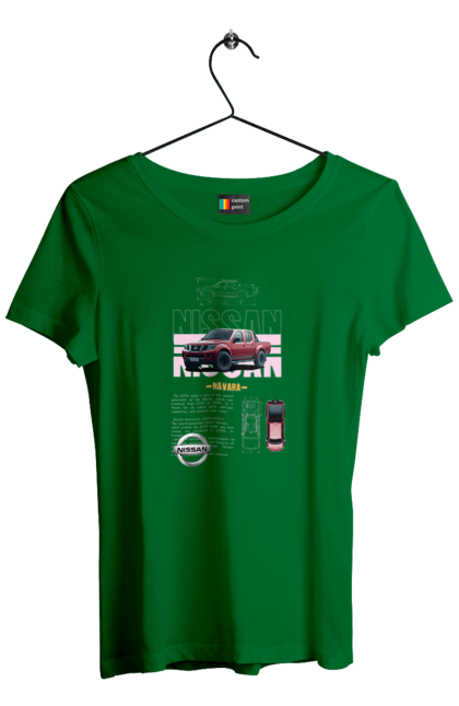 Women's t-shirt with prints Nissan Navara. Automobile, car, navara, nissan, nissan motor, pickup. 2070702