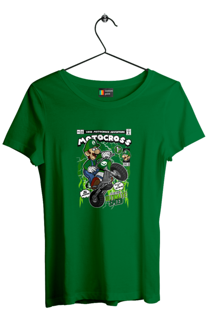 Футболка жіноча з принтом "Luigi Motocross". Nintendo, playstaion, автомобіль, гра, зелений маріо, луїджі, маріо. Funkotee