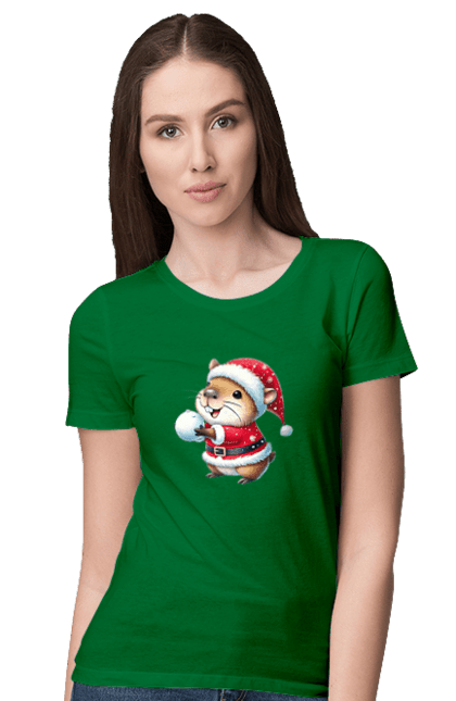 Women's t-shirt with prints Capybara playing snowballs. Animal, capybara, christmas, christmas capybara, game, gift, holiday, new year, santa, snowballs. 2070702