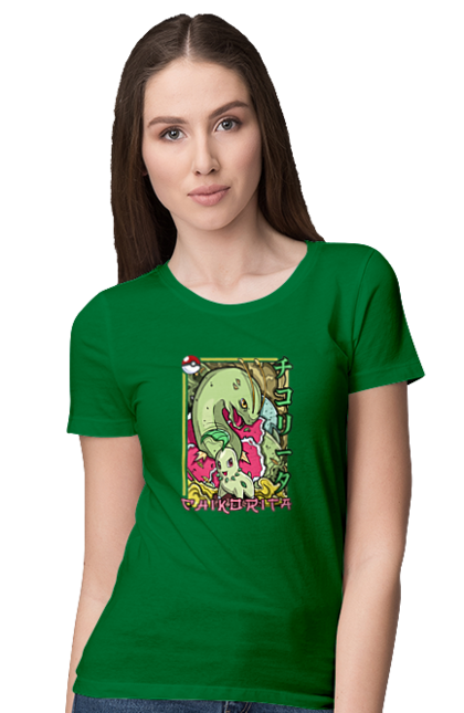 Women's t-shirt with prints Pokemon Chikorita. Anime, chikorita, games, nintendo, pokemon, pokemon go. 2070702