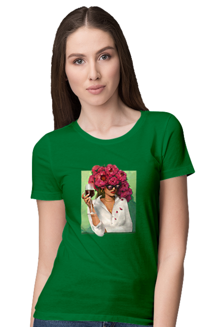 Футболка жіноча з принтом "Дівчина з півоніями та келихом". Вино, дівчина, квітка, келих, літо, окуляри, півонії, сорочка. 2070702