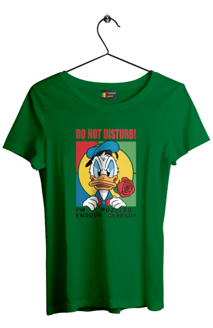 Футболка жіноча з принтом "Дональд Дак Не турбувати!". Disney, do not disturb, donald duck, дісней, дональд дак, мультсеріал, мультфільм, не турбувати. 2070702