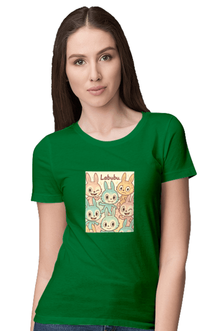 Футболка жіноча з принтом "Лабубу". Безтурботно, грайливо, дизайнперсонажу, каваї, лабубу, милі мистецтво, ніжні відтінки, пастельніквіти, стиль мультфільму, чарівно. 2070702