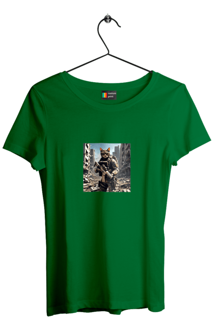 Футболка жіноча з принтом "Кіт десантник". Бронежилет, війна, військовий, гвинтівка, захисник, камуфляж, кіт, рушниця. 2070702