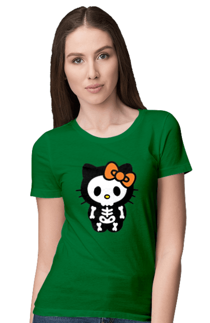 Футболка женская с принтом Хелло Китти Хэллоуин. Halloween, hello kitty, zombie, бренд, зомби, котенок, персонаж, скелет, хелло китти, хэллоуин. 2070702