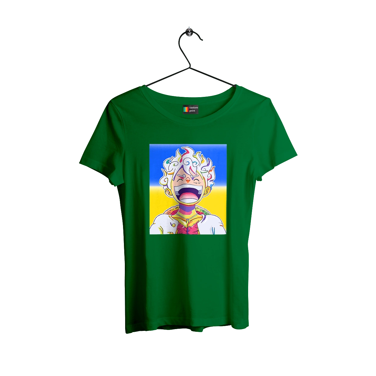 Monkey D Luffy laughing on a yellow blue background