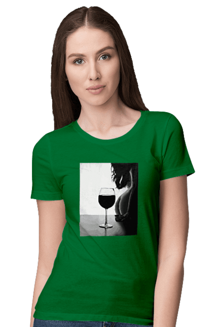 Women`s t-shirt with prints A glass of wine. Expectation, friday again, grace, woman`s body. 2070702
