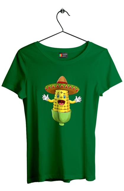 Women`s t-shirt with prints Sombrero Corn. Corn, food, sombrero. 2070702