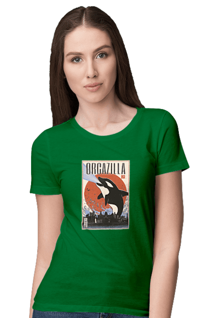 Women's t-shirt with prints Orcazilla. Cartoon style design, graphic, japan print, japanese, japanese art, japanese poster, japanese poster orca, ocean wildlife, orca, orcazilla. 2070702