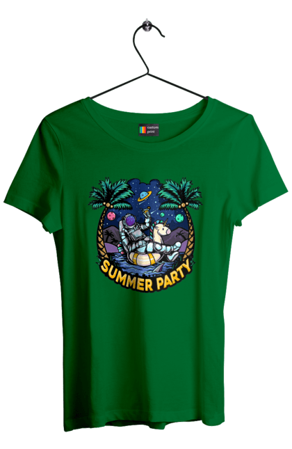 Футболка жіноча з принтом "Літній Паті З Космонавтом". Космонавт, космос, літо. 2070702