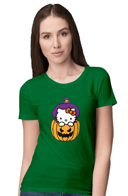 Футболка жіноча з принтом "Хелло Кітті Хелловін". Halloween, hello kitty, witch, бренд, відьма, кіт, кошеня, персонаж, хелло кітті, хелловін. 2070702