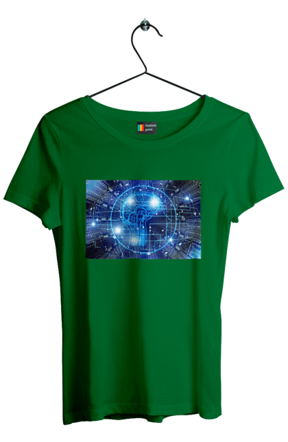 Футболка жіноча з принтом "Штучний інтелект". Айті, айтішник, гік, знання, інженер, інтелект, кібер, кібернетика, кіборг, код, комп, комп`ютерник, кристал, машинне навчання, мікросхема, мозок, портрет, програміст, професіонал, професія, розробник, розум, хакер, чіп, штучний інтелект, штучний розум. 2070702
