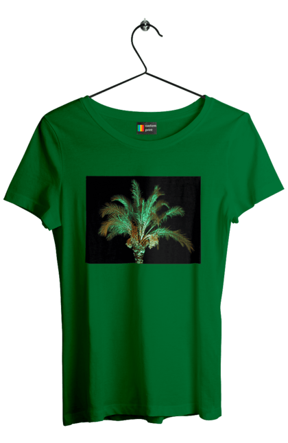 Футболка жіноча з принтом "Фінікова Пальма Вночі". Берег, відпочинок, відпустка, зелений, море, ніч, оазис, океан, острів, пальма, південь, подорож, пригоди, тропіки, фінікова, чорне. 2070702