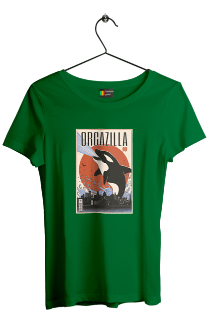 Women's t-shirt with prints Orcazilla. Cartoon style design, graphic, japan print, japanese, japanese art, japanese poster, japanese poster orca, ocean wildlife, orca, orcazilla. 2070702