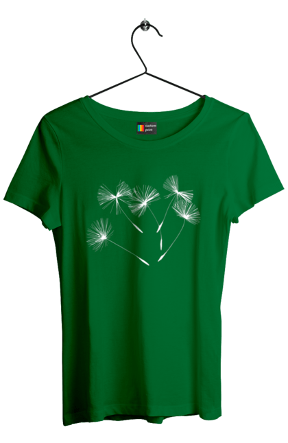 Футболка жіноча з принтом "Насіння кульбаби". Вітер, кульбаба, кульбаби, літають, літо, насіння, політ, природа, сезон. 2070702