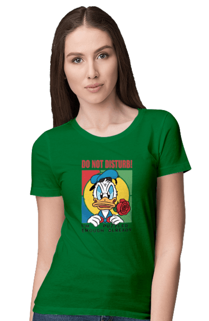 Футболка жіноча з принтом "Дональд Дак Не турбувати!". Disney, do not disturb, donald duck, дісней, дональд дак, мультсеріал, мультфільм, не турбувати. 2070702