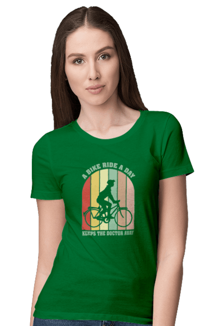 Футболка жіноча з принтом "Поїздка на велосипеді". Велопрогулянка, велосипед, здоровий спосіб життя, зож, поїздка на велосипеді. 2070702