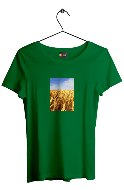 Women`s t-shirt with prints Ukraine. Beauty, blue, field, nature, sky, wheat. 2070702
