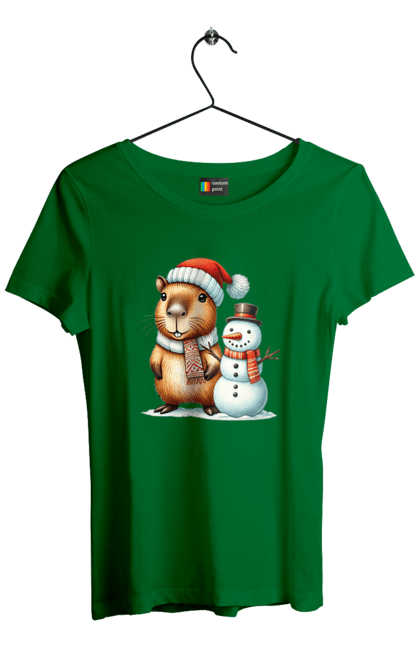 Women's t-shirt with prints Capybara and Snowman. Animal, capybara, christmas, christmas capybara, gift, holiday, new year, new year`s gift, santa, snowman. 2070702