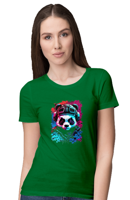 Футболка женская с принтом Панда в VR шлеме. Виртуальная реальность, гик, панда, персонаж, шлем. 2070702