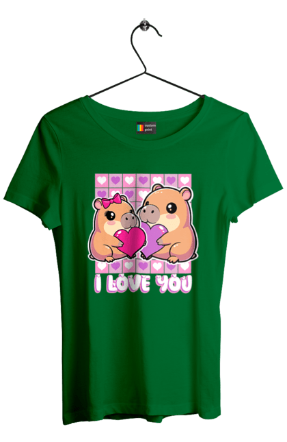 Women`s t-shirt with prints Capybara in love. Capybara, cute animals, hearts, i love you, love, romance, romantic gift, valentine, valentine`s day. 2070702