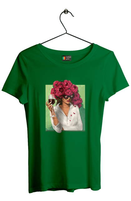 Футболка жіноча з принтом "Дівчина з півоніями та келихом". Вино, дівчина, квітка, келих, літо, окуляри, півонії, сорочка. 2070702